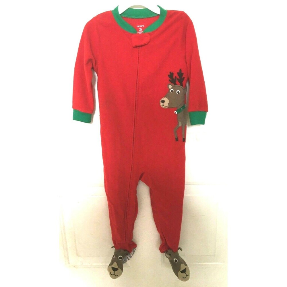 Baby Christmas / Holiday Pajamas Footed 2T Red Reindeer Unisex EUC Free Shipping